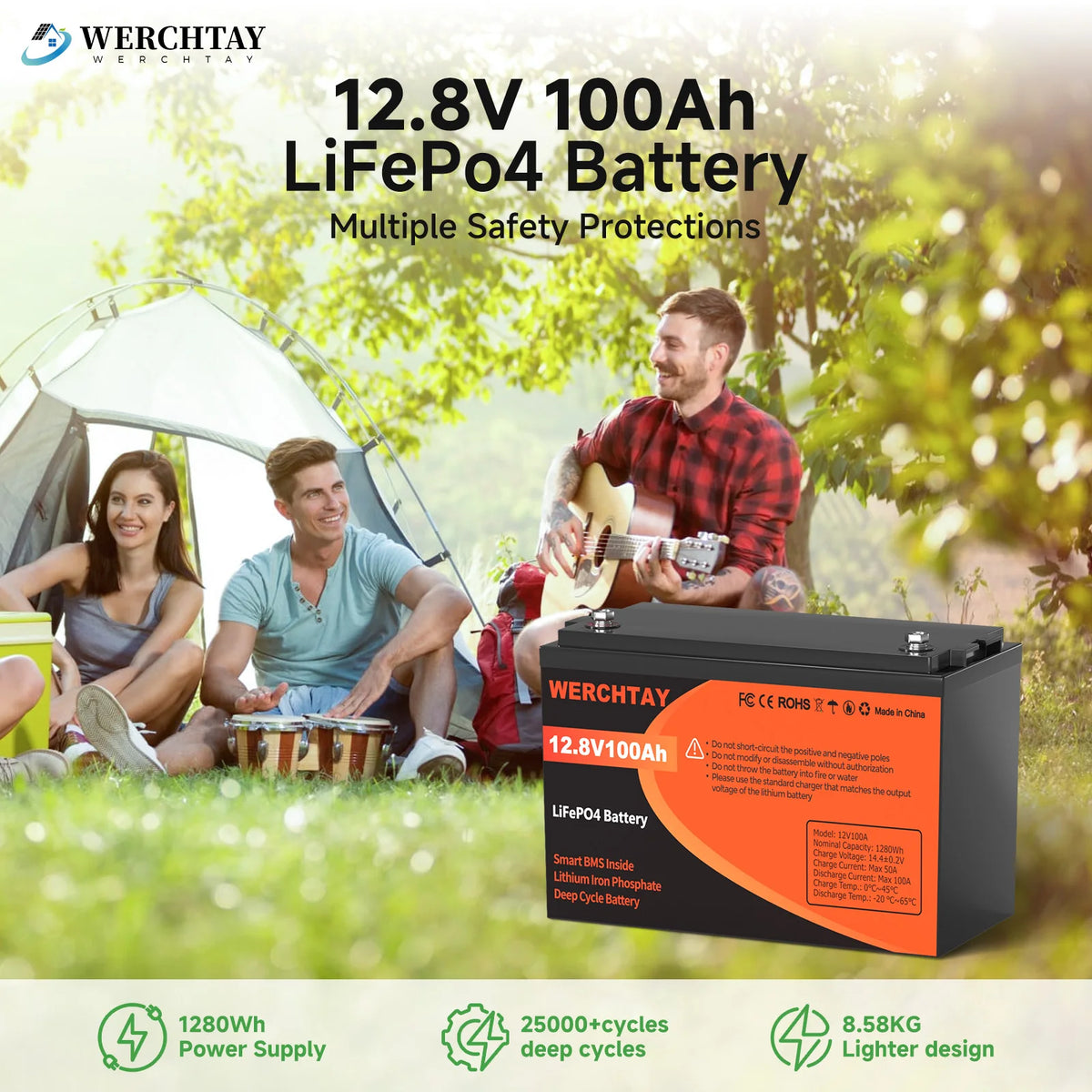 WERCHTAY 12V 100Ah LiFePO4 Lithium Battery for Camping 25000 Cycles Safe Lithium Power for RV Solar System With BMS Protection