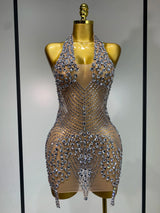 Women Sexy Halter Crystal Bodycon Mini Dress Celebrate Nightclub Performance Stage Outfit Luxury Birthday Photo Shoot Dress