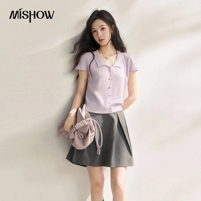 MISHOW New Linen Blended Collar Knitted T-shirt Short Sleeved Women's 2026 Summer Wave Edge Casual Short Thin Top MXF21Z3105