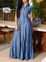 2023 Fashion New Long Dress Shirt Neck Pocket Large Swing Dress Casual Elegant Temperament Single Breasted Denim Dress