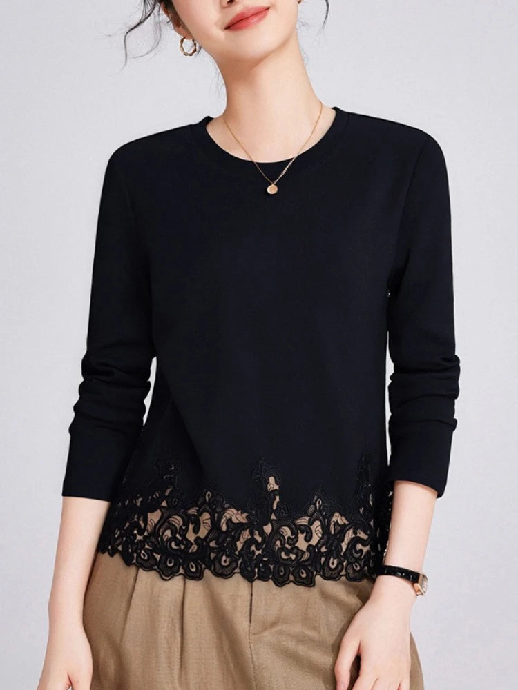 Cotton Lace Trim White Long Sleeve Tshirt Women 2025 New Fall Blouse Casual Basic Tee Flattering Fit Boho Chic Plus Size