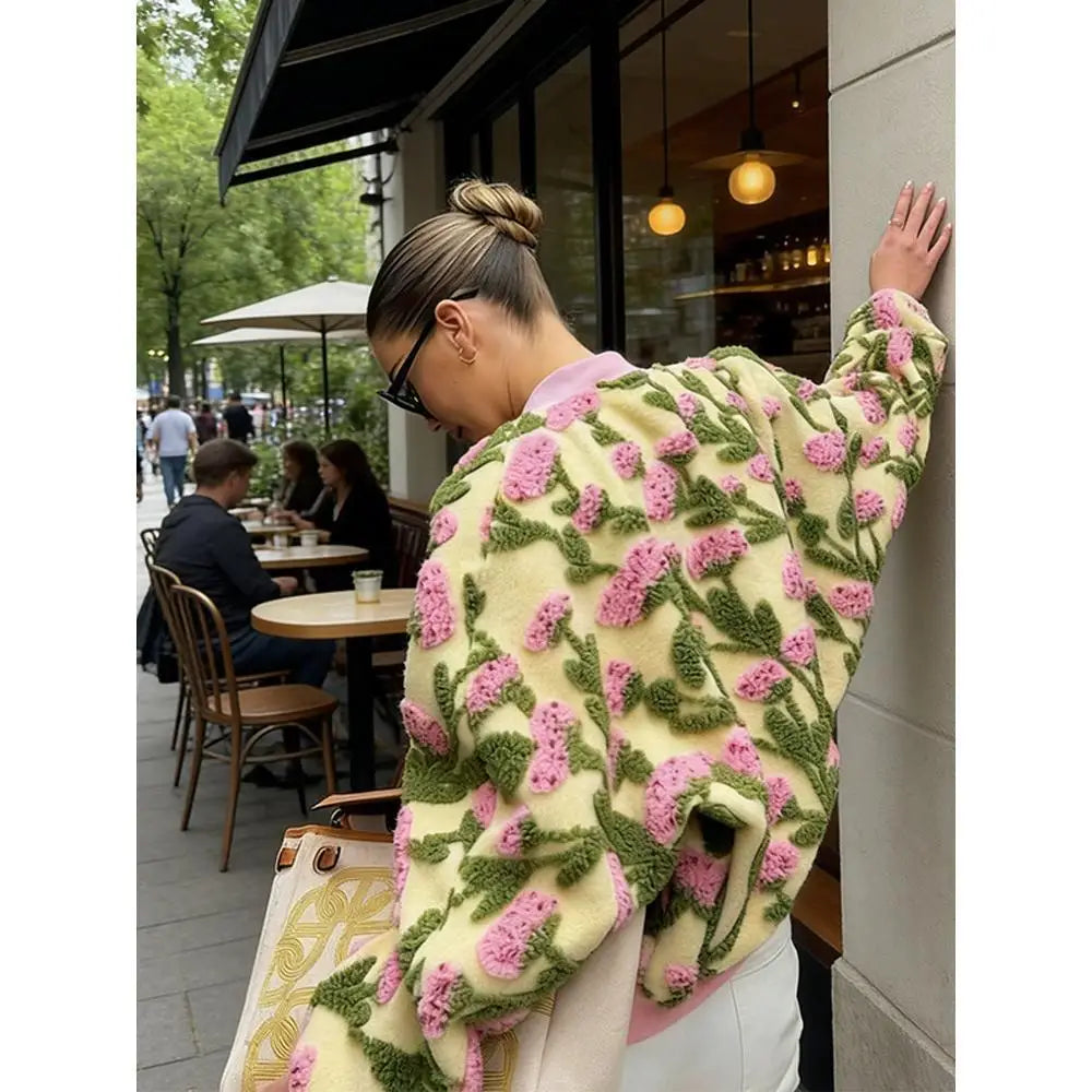 Dreamy Floral Plush Bomber Jacket Women, Oversized Zip Up Long Sleeve Fleece High Street Casual Coat