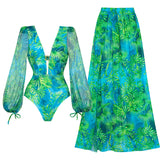 Flaxmaker Women Sexy Deep V Neck Long-sleeved Jungle Green Print One Piece Swimsuit And Skirt Summer Bathing Suit Monokini