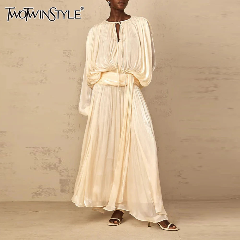 TWOTWINSTYLE Solid Loose Spliced Folds Elegant Dresses for Women Round Neck Long Sleeves Patchwork Lace Up Dress Female Fashion