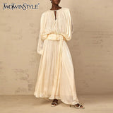 TWOTWINSTYLE Solid Loose Spliced Folds Elegant Dresses for Women Round Neck Long Sleeves Patchwork Lace Up Dress Female Fashion
