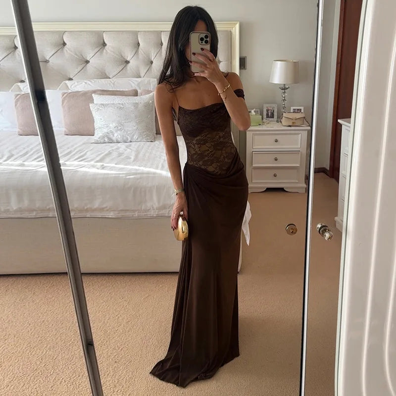 Women's Brown Sheer Lace Bodice Draped Long Dress Sexy Spaghetti Strap Party Evening Long Dresses Black Burgundy Wedding Guest