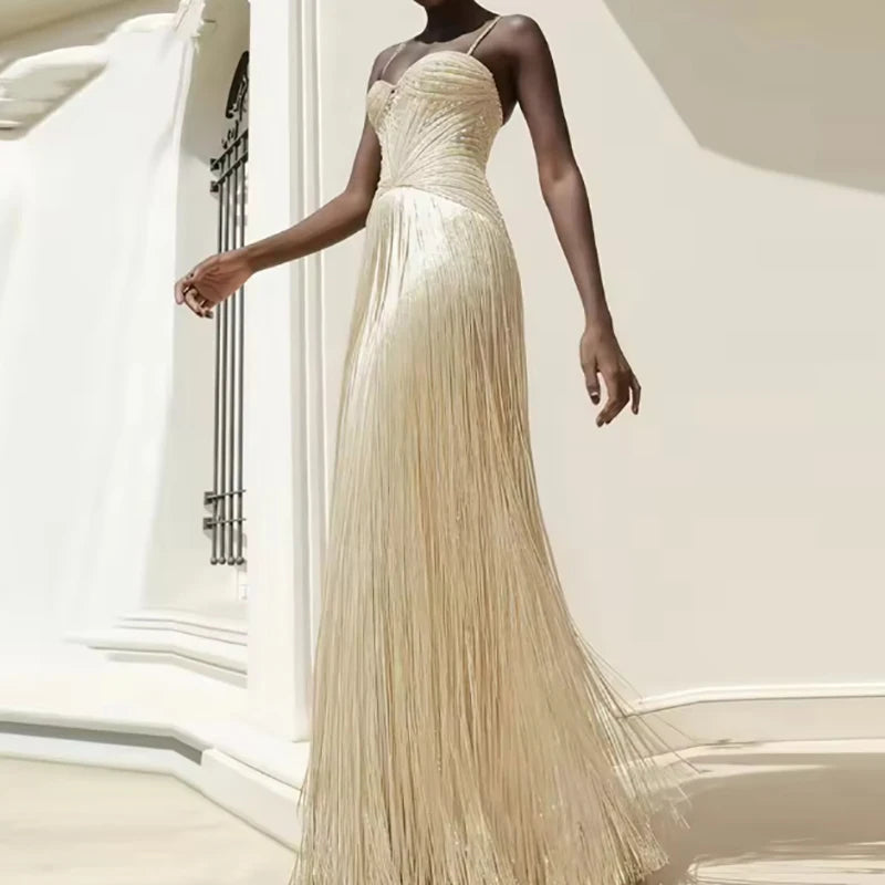 Sexy Wrap Chest Sleeveless Hollow Tassel Dress Fashion Backless Slim Fit Evening Gown Shiny Sequined High Waist Women Long Dress