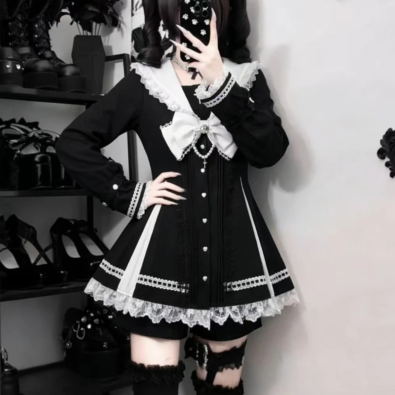 Japanese Gothic Y2k Lolita Style Bow Dress Shorts Set Women Elegant Lace Long Sleeve Button Shirt Party Dresses Slim Mini Dress