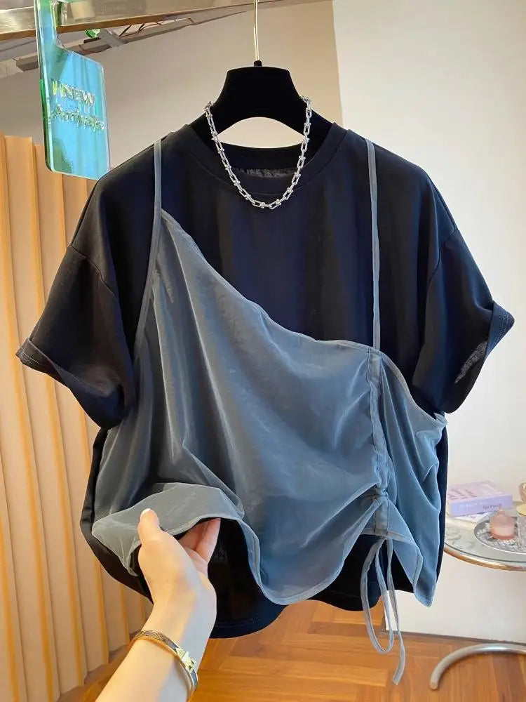 Fashion T Shirt Women Design Sense Niche T-shirt Loose Casual Stitching Vest Short Sleeve Tshirt Fake Two Piece