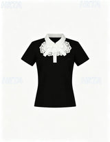 Japanese Style Lapel Lace Bows Short-sleeved T-shirt Elegant and Exquisite Slimming Look Black T Shirt for Women Summer Tshirt