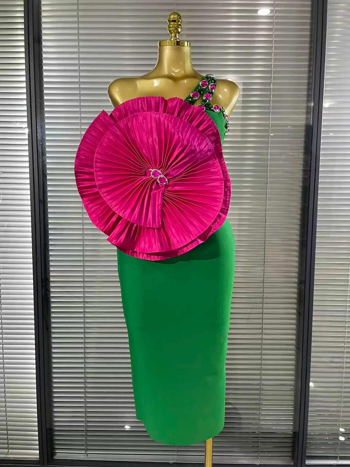 Big Rosered Florals Green Color Women Sexy One Shoulder Sparkly Crystal Bodycon Bandage Mid-calf Dress Celebrate Nightclub Wear
