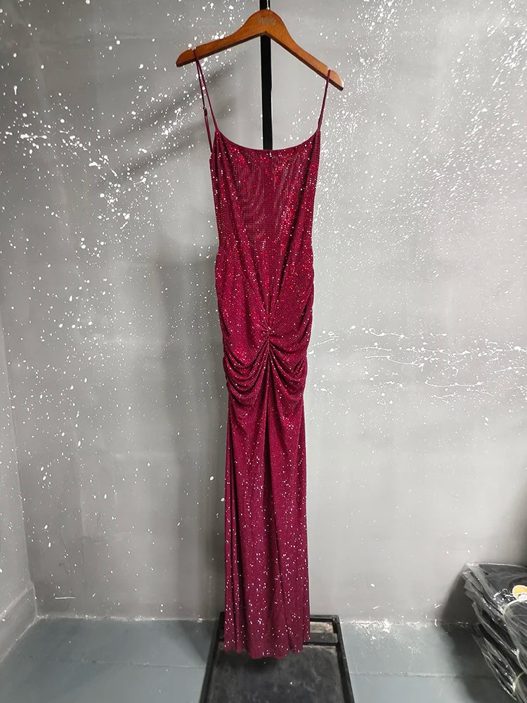 DEAT Fashion Gray Hot Drilling Spaghetti Strap Dress Women's Slim Fit Backless Folds Split Floor-length Dresses New Tide 7AB8510
