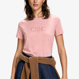CH Women's Clothing - Pink Cotton Embroidered Letter Pattern Short-Sleeved Casual Basic T-Shirt - Urban Style Summer Fashionable