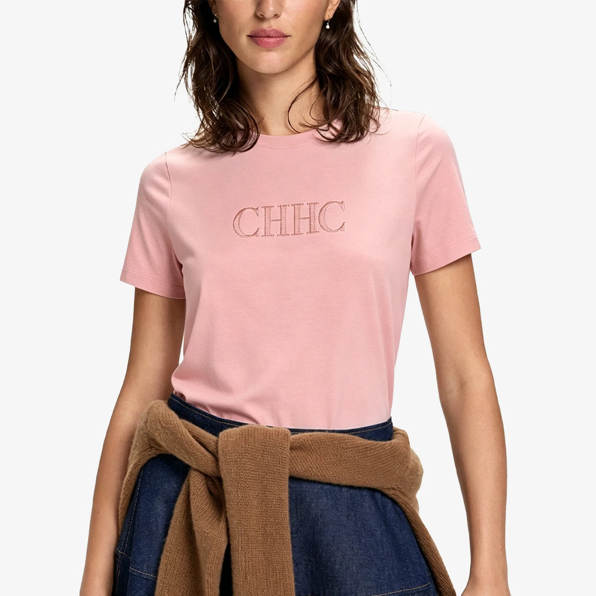 CH Women's Clothing - Pink Cotton Embroidered Letter Pattern Short-Sleeved Casual Basic T-Shirt - Urban Style Summer Fashionable