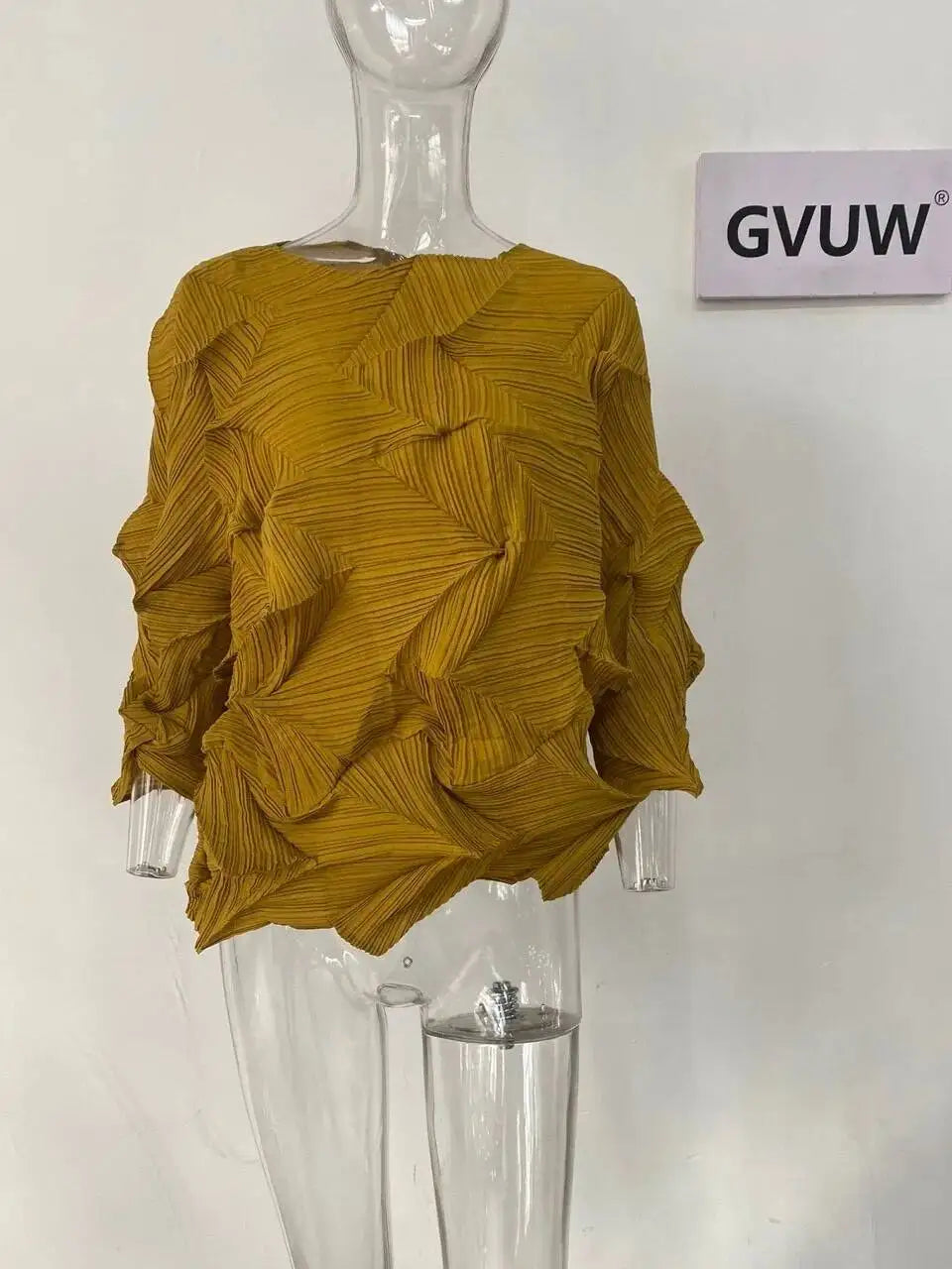 GVUW Diamond Pleated T-shirt For Women Solid Color Loose Luxury Top 2025 Autumn Three Quarter Sleeve Female Clothing 17D2822