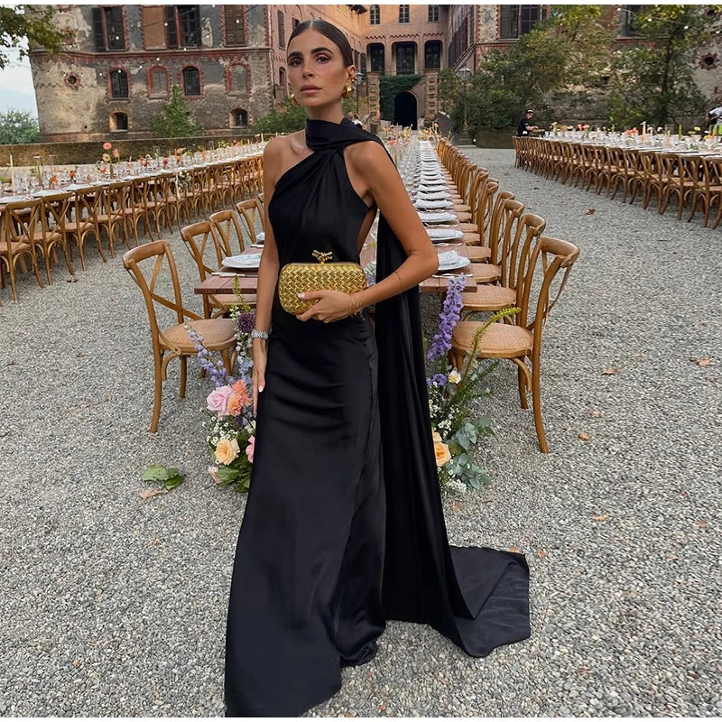 Sexy Satin Ribbon Party Dress Women Elegant Halter Backless Off Shoulder Sleeveless Female Dresses 2026 Summer Solid Robe Gown