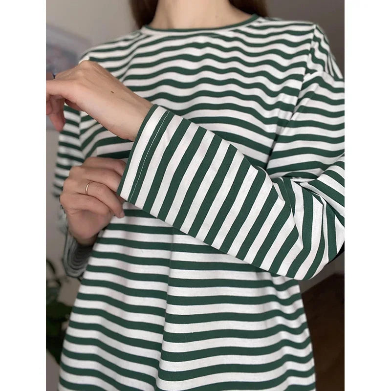 Hirsionsan Long Sleeve Striped T Shirt Women 2025 Spring autumn Oversized 100% Cotton Tshirts Female Casual Chic Tees Girls Tops