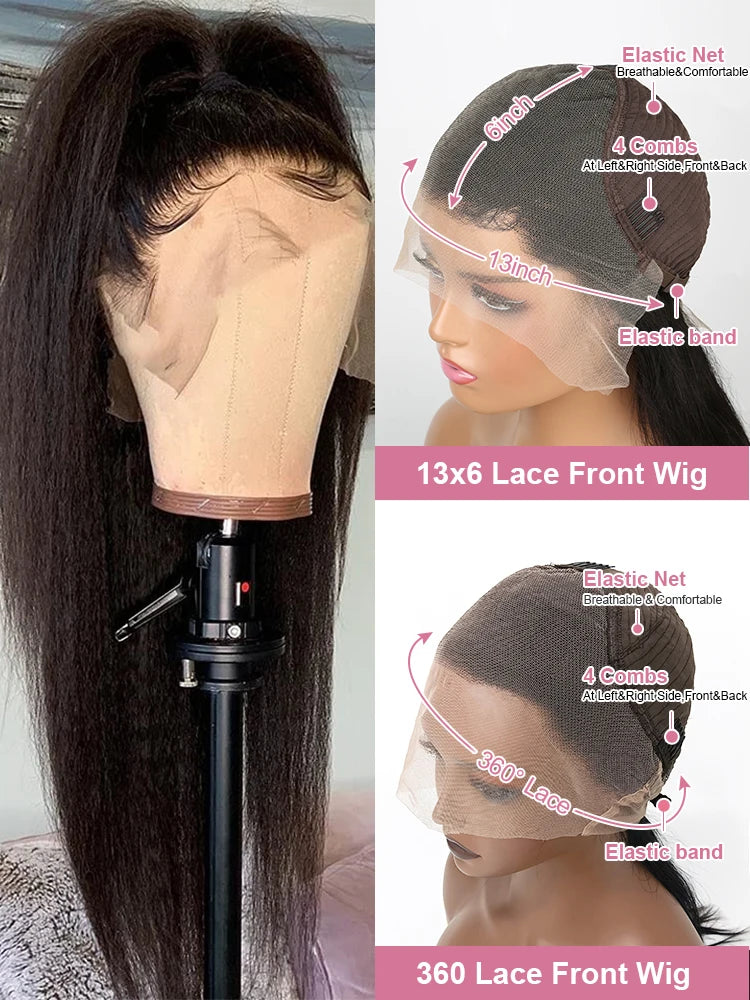250 Density Kinky Straight 360 Lace Front Wigs Human Hair Brazilian 40 Inch Yaki Straight 13x6 HD Lace Frontal Wig Preplucked