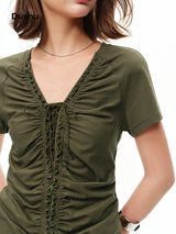 DUSHU Layered Wooden Collar T-Shirt with Pleated Straps and Waist-Defining Detail 2026 Summer New Arrival Style for Slimming Fit