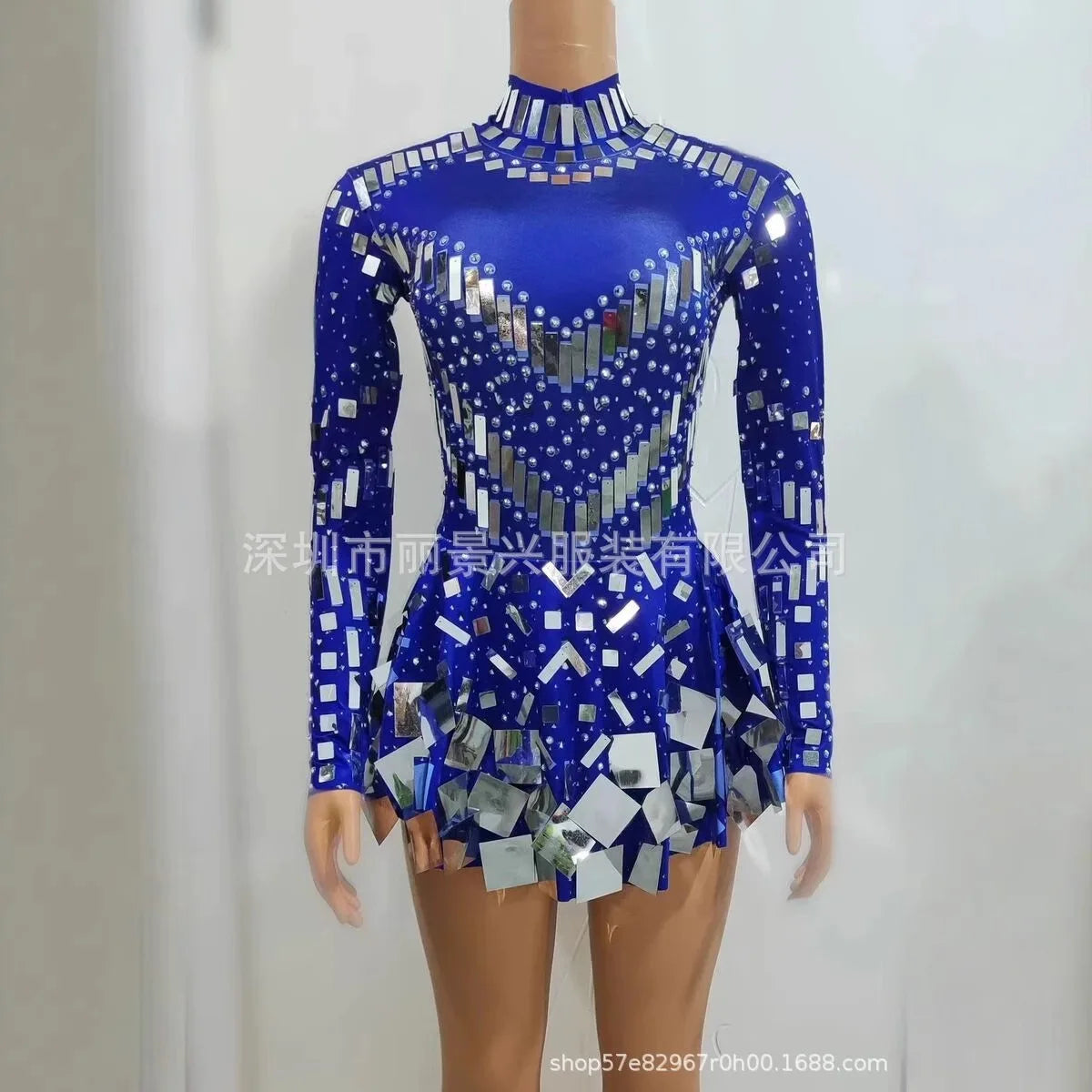 Fashion Stretch Sequins Mirror Dress Women Bodysuit Dancewear Long Sleeve Drag Queen Costume Rave Festival Night Out BodySuits