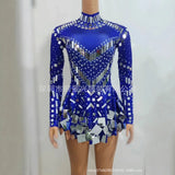 Fashion Stretch Sequins Mirror Dress Women Bodysuit Dancewear Long Sleeve Drag Queen Costume Rave Festival Night Out BodySuits
