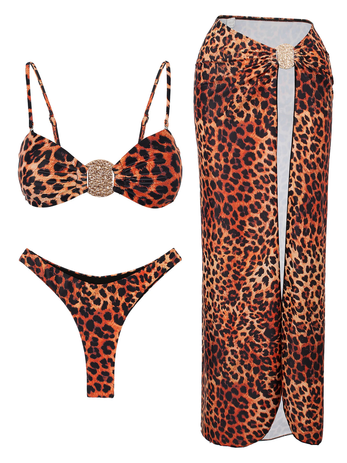 Sexy Leopard Printed Spaghetti Strap Swimsuit High Slit Half Skirt 3 Piece Bikini Set Summer Elegant Swimwear Vacation Wear K364