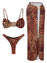 Sexy Leopard Printed Spaghetti Strap Swimsuit High Slit Half Skirt 3 Piece Bikini Set Summer Elegant Swimwear Vacation Wear K364