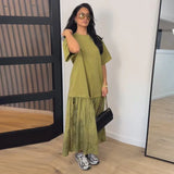 2026 Summer New Loose Patchwork Dresses Women's Pleated Fashion Short Sleeve O-neck Long Robes Female Elegant Casual Dress