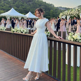 Suninheart Women Circle Cut Out Back Dress Wide Shoulders and Fitted Waist Prom Dress Fluffy Hem Midi Wedding Party Dresses
