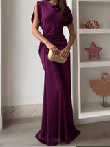 Casual O-neck Draped Gowns Dress Elegant Hight Waist Slim Fit Evening Dress Vestidos Women Fashion Temperament Solid Long Dress