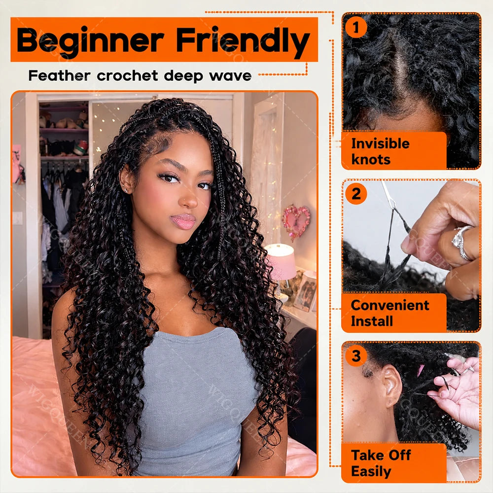 15A Small Spirals Curly Miracle Knots Feather Crochet Human Hair For Boho Braiding Invisible Knot PreSeparated Knotless Kinky Curly Crochet Human Hair Extensions Reusable Pre looped Natural Black Crochet Bundles With String Bulk 100% Human Hair Extensions