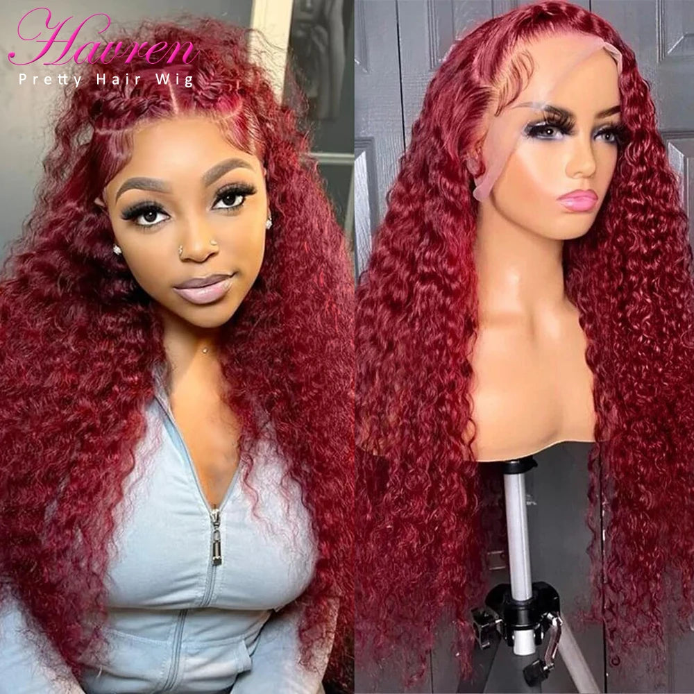 99J Burgundy Lace Front Wigs Human Hair 13x6 Deep Wave HD Lace Frontal Wigs Pre Plucked Human Hair Curly Wigs for Women 36 Inch