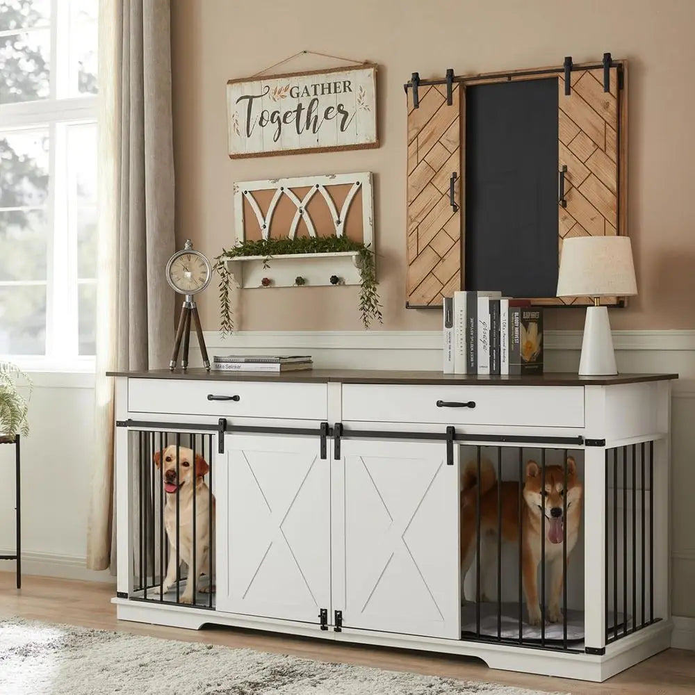 Wooden Double Dog Crate with Divider, Barn Door, and Waterproof Interior for Large Breeds, White