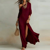 Spring One Shoulder Long Sleeve Holiday Dress Woman Sexy Skew Collar Split Bohemian Dress Elegant Solid Slim Casual Maxi Dresses