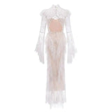 IEQJ Summer Stand Collar Lace Tassel Hollow Out Flare Sleeve Dress Women Boned Waist Tiered Mermaid Dresses New 3A2709