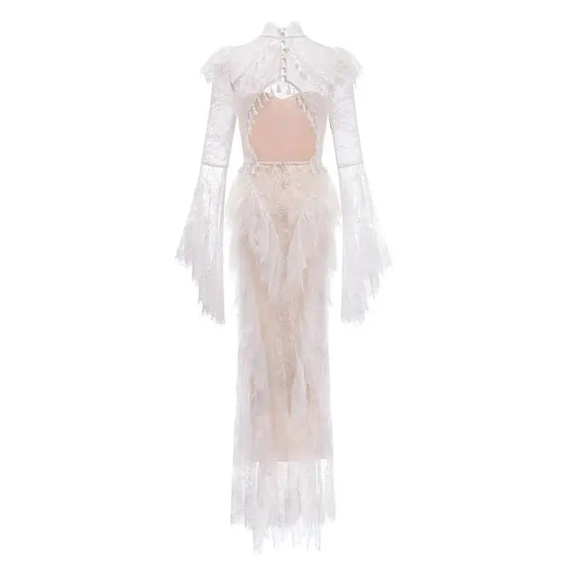 IEQJ Summer Stand Collar Lace Tassel Hollow Out Flare Sleeve Dress Women Boned Waist Tiered Mermaid Dresses New 3A2709