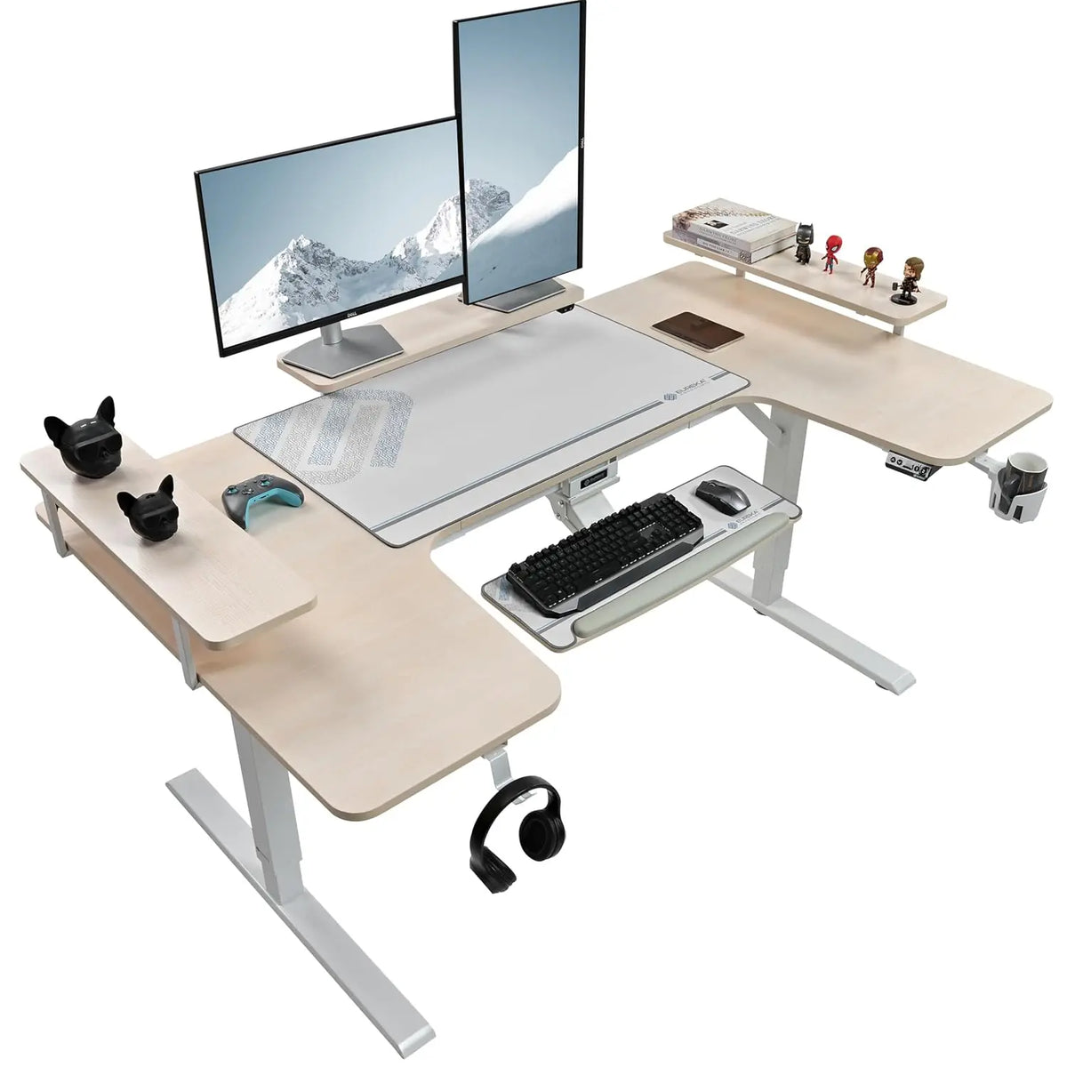74" U Shaped Electric Height Adjustable Gaming Desk w Keyboard Tray LED Shelves Recording Live Studio Maple,Custom
