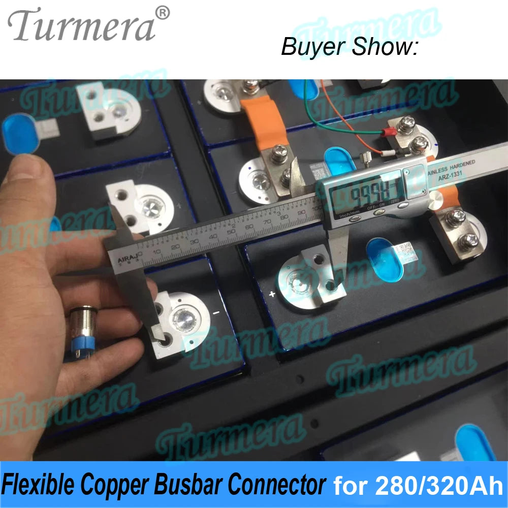 Turmera 24V 48V 12V Lifepo4 Battery Flexible Busbar Copper Connecter Hole to Hole 56mm 2mm 400A for 280Ah 320Ah Lifepo4 Battery