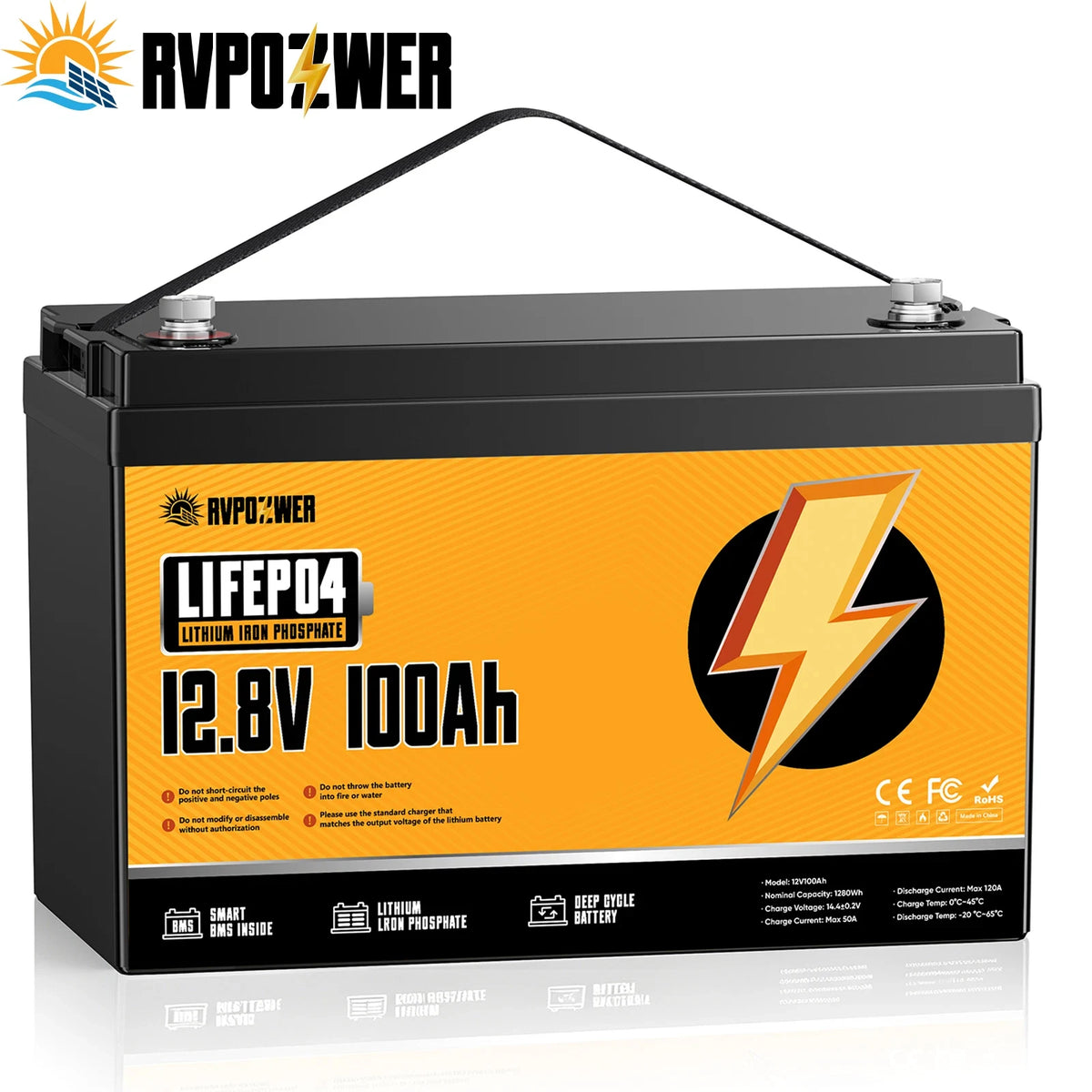 RVPOZWER,12.8V/100Ah Lithium Iron Phosphate Storage Accumulator,Shockproof Long Cycle Rechargeable Portable Battery Integrated BMS,Ideal For Caravan,Sailing Boat,Travel Car,Remote Cabin Off-Grid Power,Household Standby Electricity
