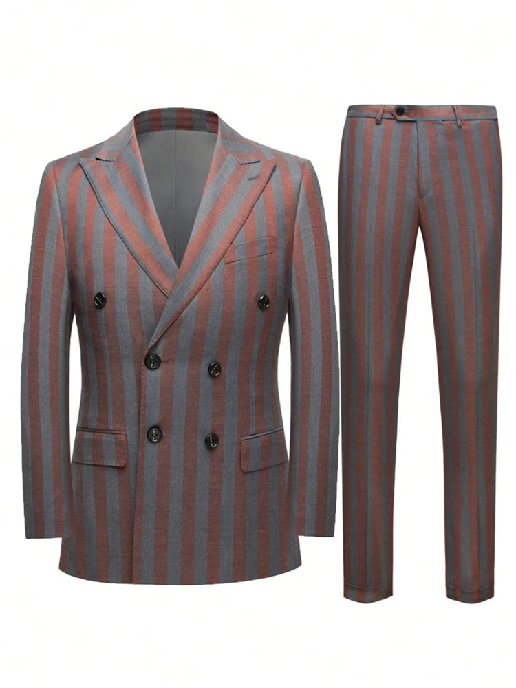 Men's Jacquard 2 Piece Suits Slim Fit Double Breasted Suit Jacket Pants Set Casual Wedding Casual Business