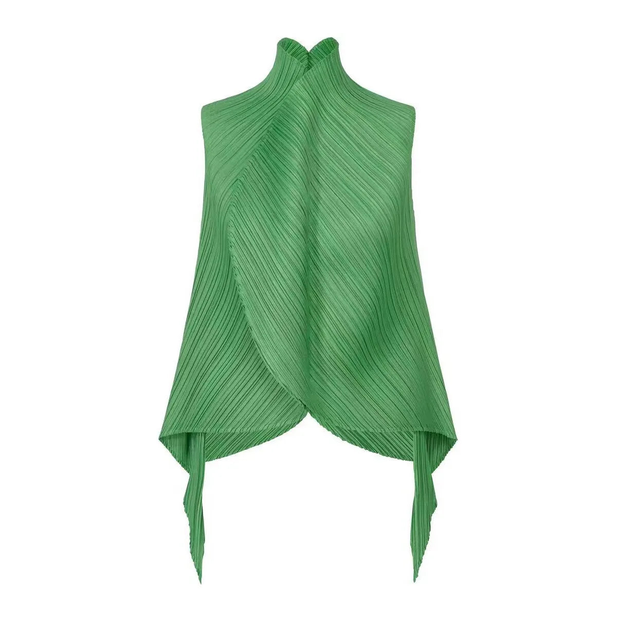 Miyake Pleated High-neck Sleeveless Women Leaf Fold Top