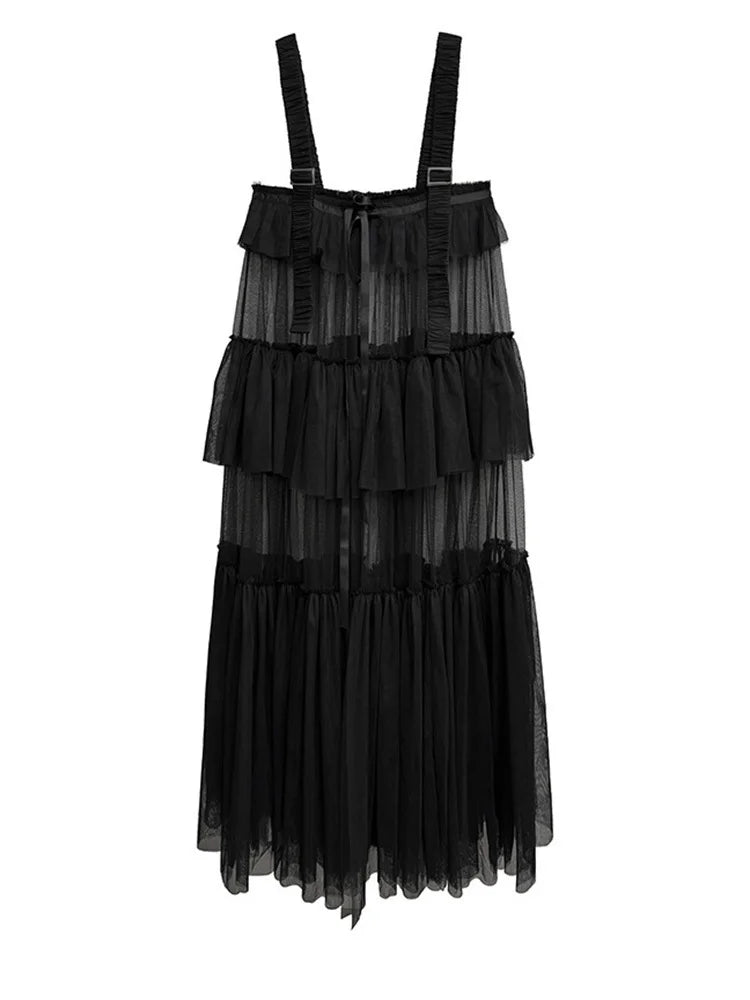 [EAM] Women Black Mesh Perspective Big Size Strap Dress New Square Collar Sleeveless Fashion Tide Spring Summer 2026 1DJ1242
