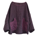 Johnature Women Vintage Linen T-Shirts Loose Patchwork Striped Pockets Tees O-Neck Long Sleeve 2024 Autumn New Original T-shirts