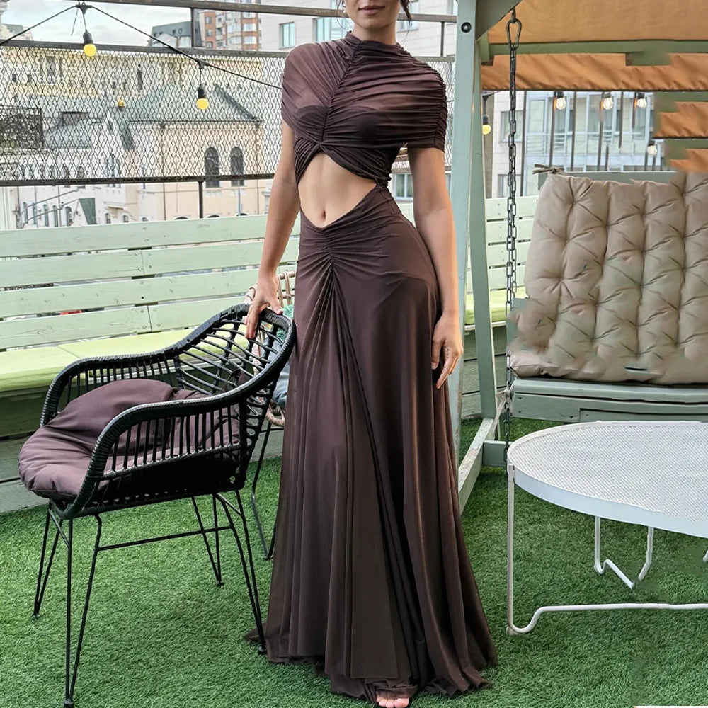 New Ruched Irregular Mesh Dress Women Patchwork High Neck Short Sleeve Hollow Out Long Dresses Female Party Maxi Dresses Outfits