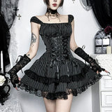 Goth Dark Lolita Outfits Cyber Y2K Striped Bandage Mini Dresses Sweet Lace Stitch Hem Cake Dress Mall Gothic Straps Party Gown