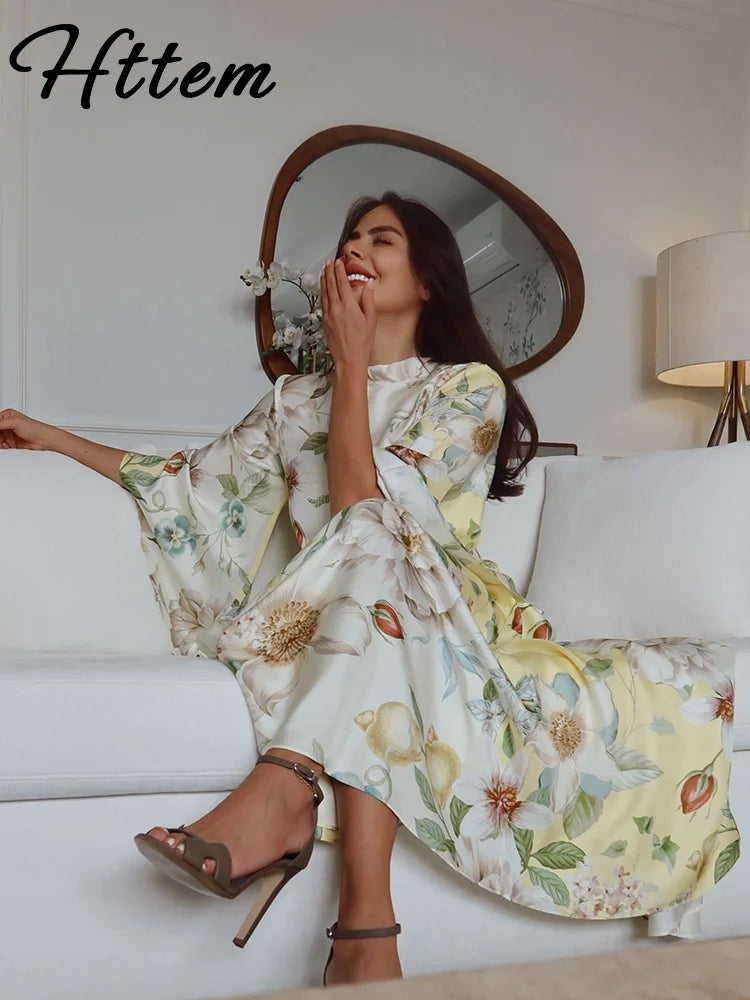 Elegant Long Print Women Dress Vacation Stand Collar Full Flare Sleeve Waist-cinching Female Dresses 2026 Summer Lady Robe New