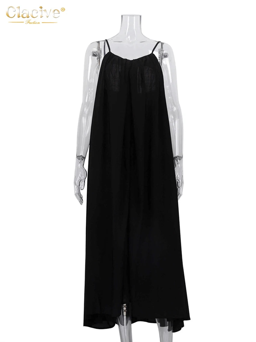 Clacive Summer Loose Black Women'S Dress 2023 Fashion Strap Sleeveless Ankle-Length Dresses Elegant Backless Female Sundress