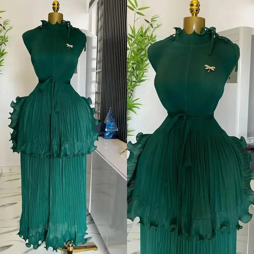 Miyake Pleated Ruffle Collar Dress with Temperament, Solid Color Sleeveless Ball, Elegant Plus Size Long Dress, 2025 Summer