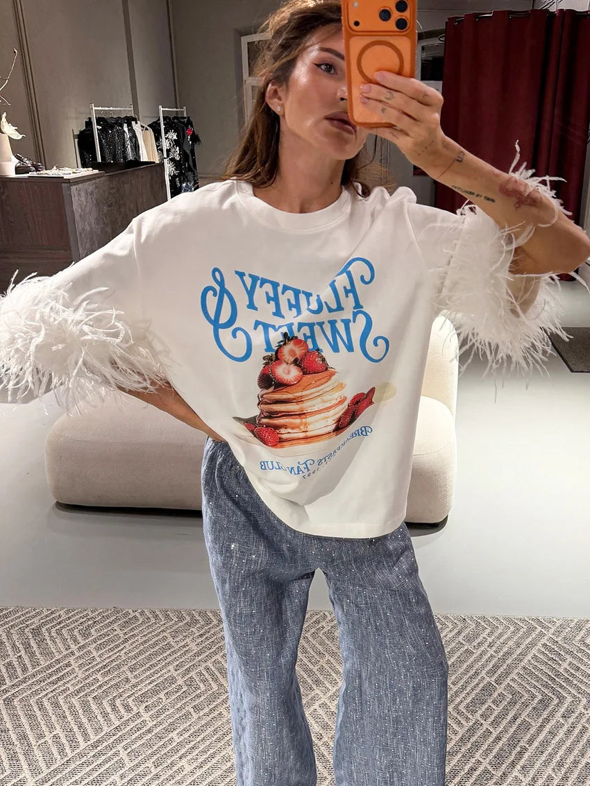 Women Fashion Feather Patchwork Printed T-shirt Casual Round Neck Half Sleeve Oversized Shirt 2026 Lady Summer Street T-shirts