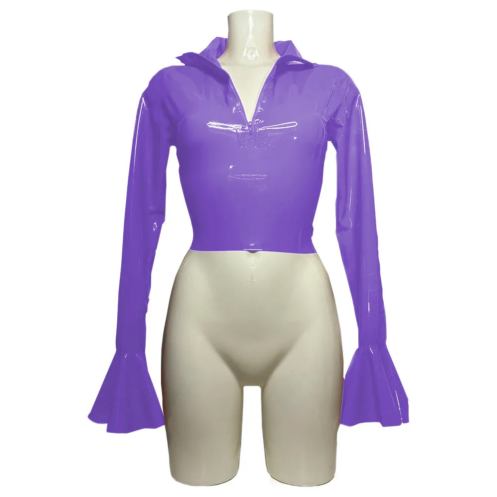 Punk Chic Flare Crop Tops,Long Sleeve,Vintage Pole Dance,Shiny PVC Leather T Shirt,Nightclub Fashion Tees,Female Pullover Blouse
